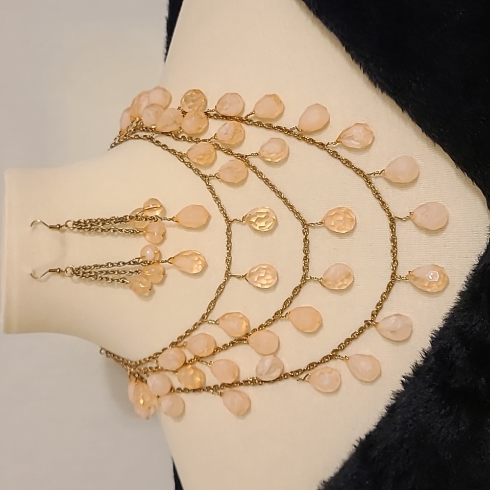 Tear Drop Beaded Multi-strand Gold Chain Necklace and Earring Set
